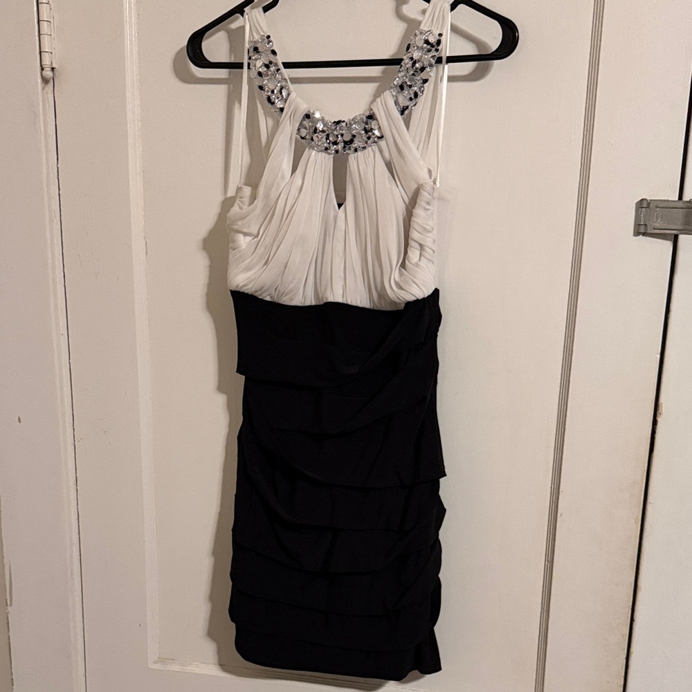 City Studio Black and White Mini Dress with Embellished Neckline